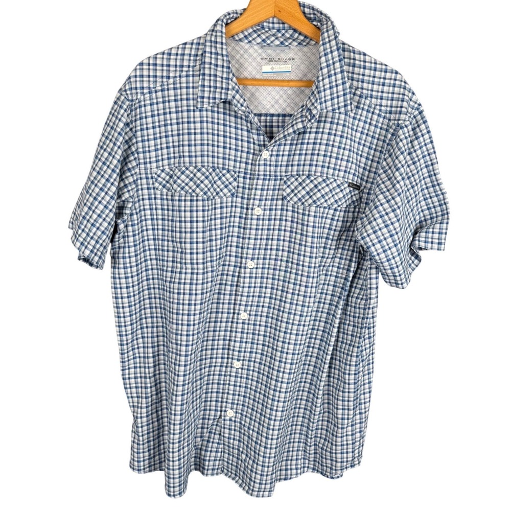 Columbia Mens Omni-Shade Plaid Short Sleeve Button Down Shirt Blue XL Vented